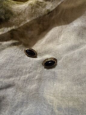 Gold Tone Black Stone Oval Clip Earrings